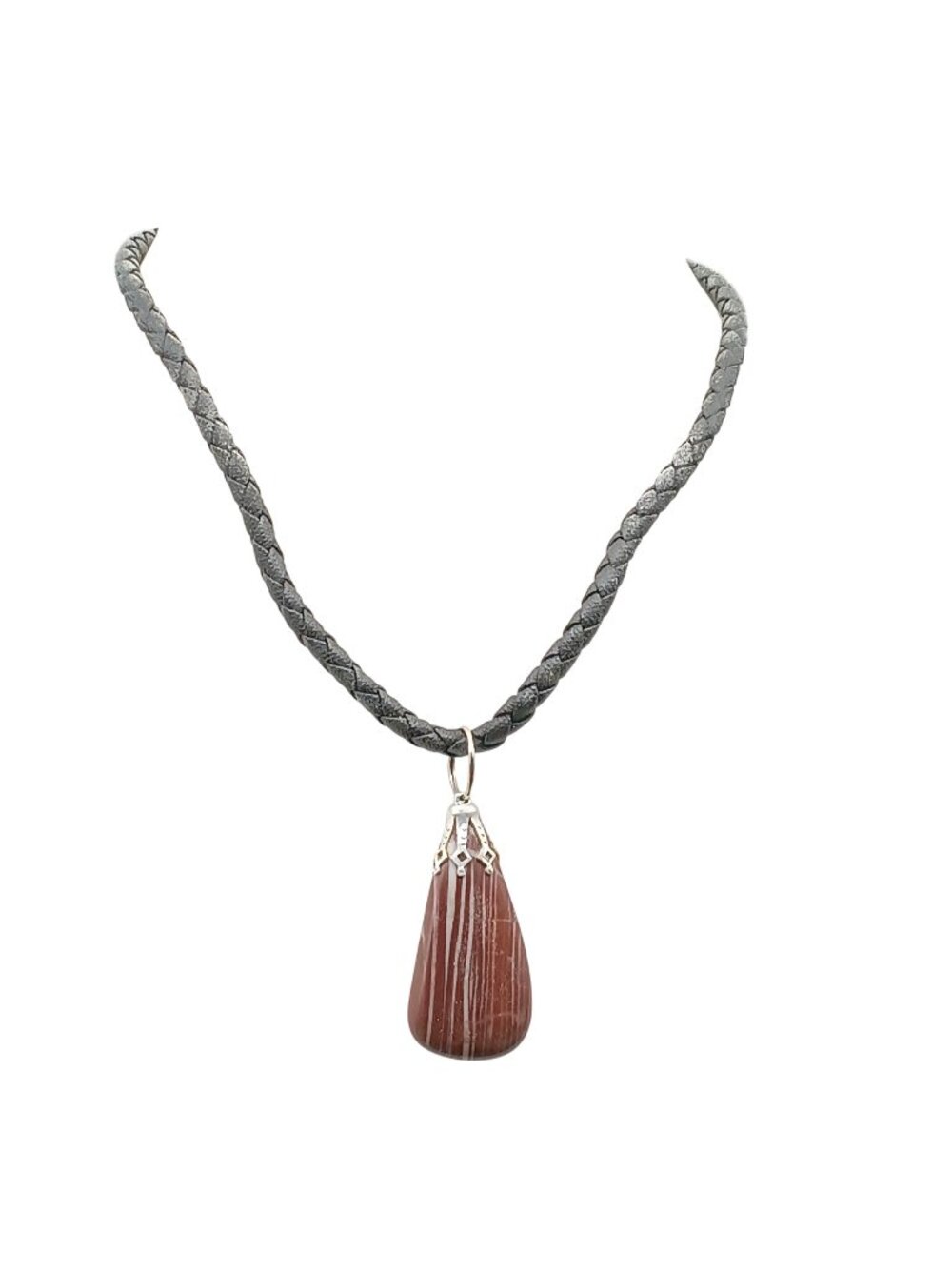 Striped Agate Pendant Vintage Necklace with Braided Black Cord and Silver-Tone